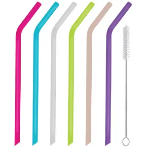 6-Pack Reusable Silicone Straws for Boba, Smoothies, Bubble Tea, Customizable Length, Colorful for Thick Drinks, 1 Brush Easy Cleaning