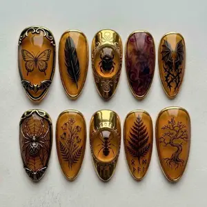 Amber Brown Press On Nails, Gothic Insect Butterfly Spider Web Gold Frame Nail Art, Almond Nails for Witchy Gothic Style