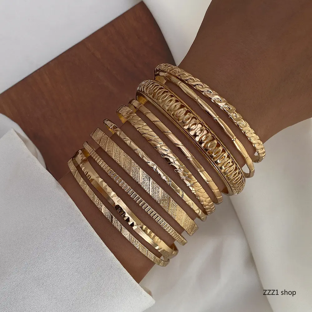 Women's Vintage Gold Jewelry Bracelets - 10-Piece Bohemian Twist Stackable Sports Wristbands with Diamond-Cut, Engraved Bamboo Textures, Unisex, All-Season Use, Gold Bracelet Stack, All Seasons, Stacked Look