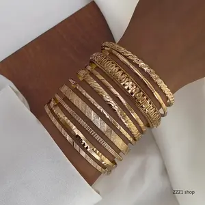 Women's 10Pcs Vintage Gold Bangle Bracelet Set - Stackable Twist-Open Cuff, Engraved Bamboo Diamond-Cut Textured Bohemian Jewelry, Sports Wristband Gift for Daily Use