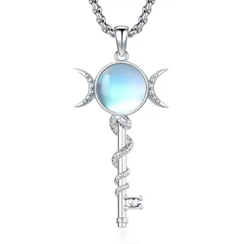 DRINSPER 925 Sterling Silver Wiccan Pagan Goddess Key Moonstone Amulet Necklace - Unisex Hypoallergenic Lead-Nickel-Free, Adjustable Box Chain, Triple Moons Protection, 1x Jewelry Box, Jewelry Cleaning Cloth, 12 Months Daily Amulet Gift for Adults