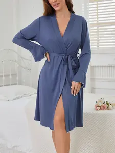Women's Casual Flare Sleeve Long Sleeve Tie Waist Robe, Comfortable Feminine Sexy Lady Style, Fitted Sleepwear for Everyday Wear, Gowns