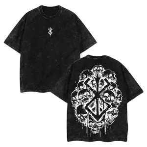 Guts Skull Berserk Vintage Anime Oversized Washed Heavyweight Cotton T-Shirt Graphic Tee Streetwear Casual Hip Hop Urban Daily Outfit Retro Style Soft Seamless Tops for Men Women Anime Fans Merch