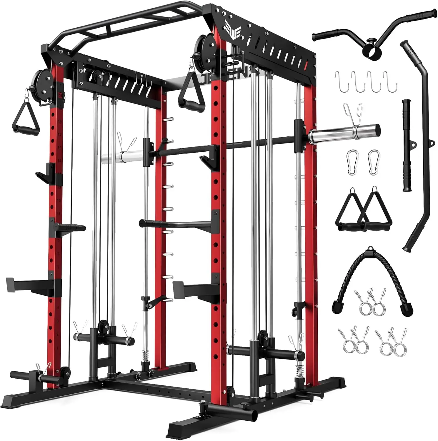 M21 Smith Machine, Multi-Function Power Cage with Dual Pulley Cable Crossover System, 2000LBS All-in-One Squat Rack with Smith Bar and Attachments