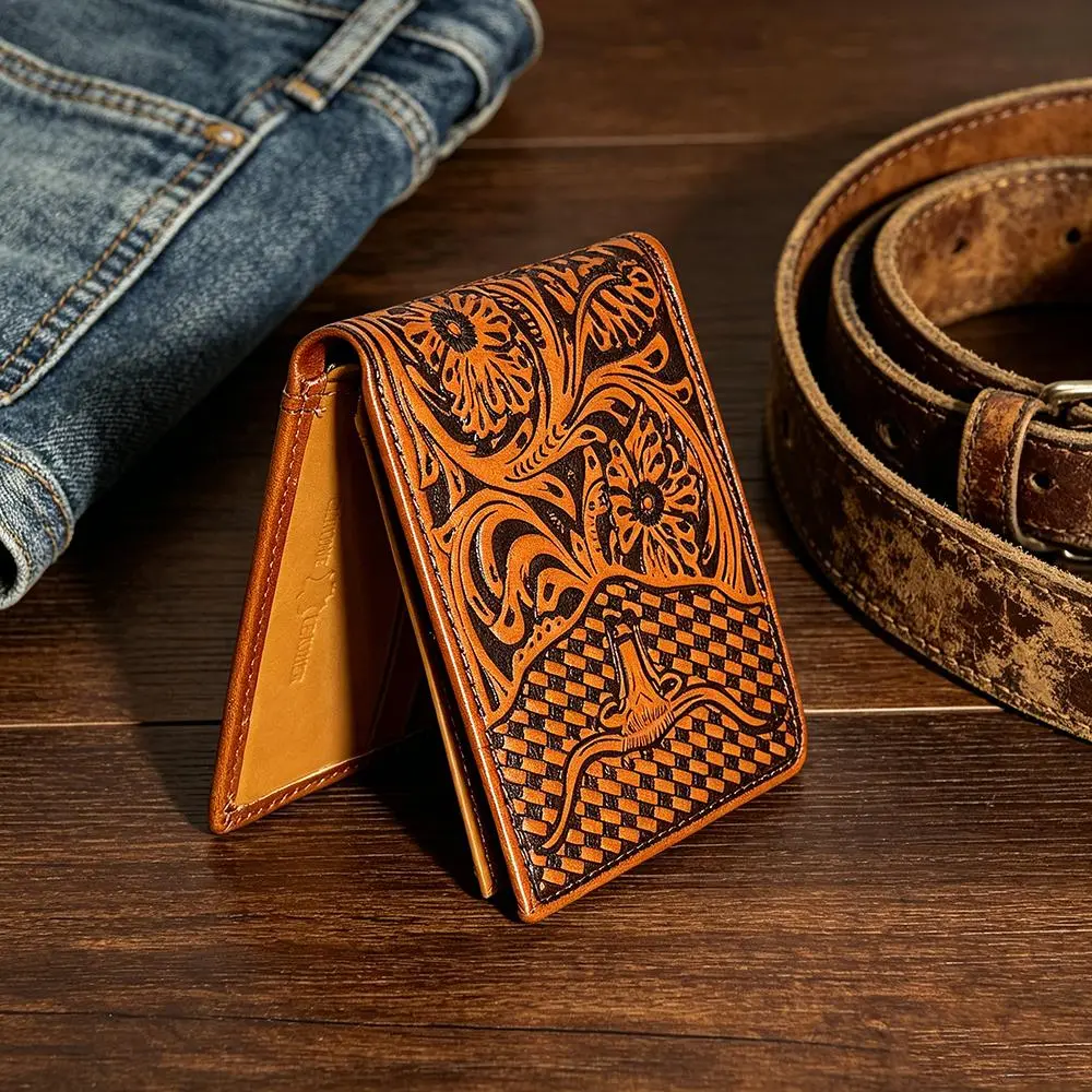 Floral Embossed Genuine Leather Wallet For Men Western Cowboy ,Ox Head Embossed Leather Short Bifold Wallet, Ideal Gifts For Father, Grandfather And Husband For Father's Day