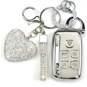 Key Fob Cover with Keychain Fit for Land Rover Car Key Holder  with Range Rover Evoque Sport Velar Land Rover Discovery Jaguar F-Pace F-Type XE XEL XF XFL XJ, 5 Buttons (Silver)