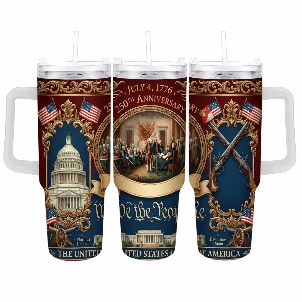 40oz Reusable Double Wall Insulated Stainless Steel Tumbler (1,000-2,000 ml) with 3-in-1 Rotating Lid, Handle, Straw - 4th of July 250th Anniversary Patriotic We the People 1776-2026 American Flag Portable Flask, Gift for Dads, Teacher Appreciation,