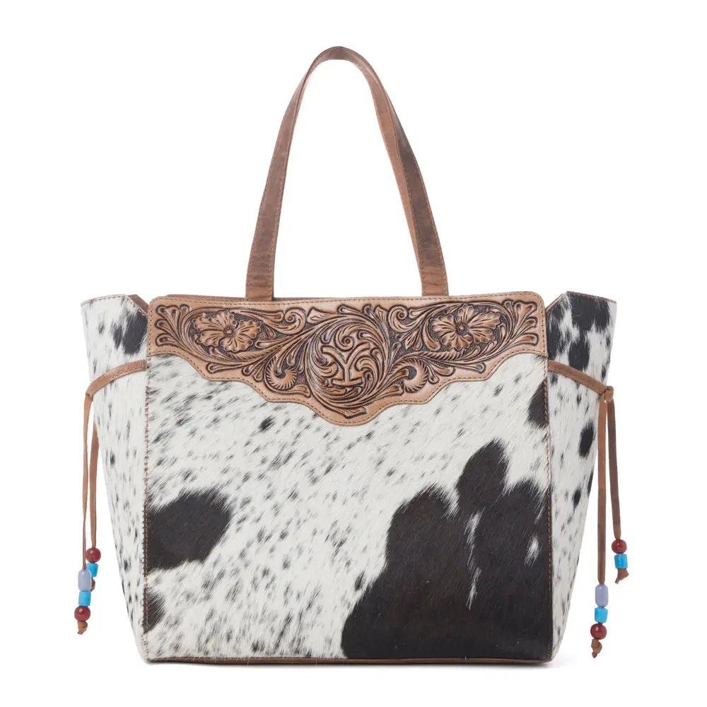 Women's Western Tote Bag with Hand-Tooled Carved Panels, Genuine Leather & Hairon Blend Shoulder Bag for Work/Travel with Zipper Pocket, Phone Compartment, Shoulder Handle, High-Quality Hairon, Patterned Hairon