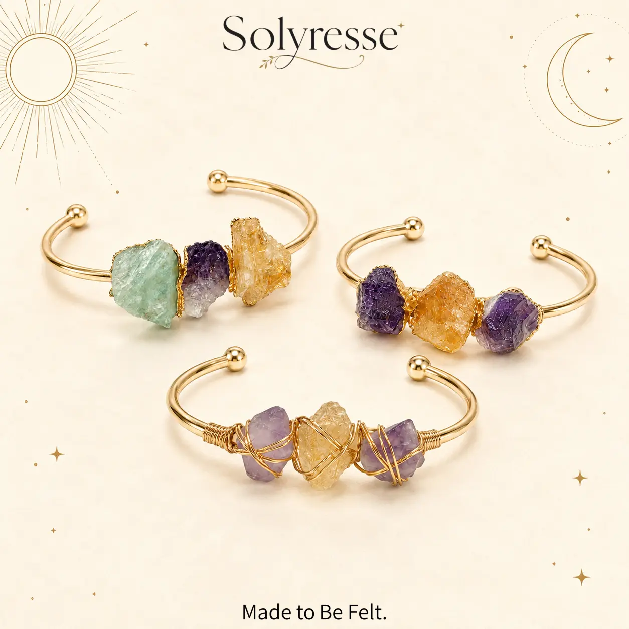 Solyresse Natural Raw Crystal Cuff Bracelet, 3-Stone Open Bangle for Women, Amethyst Citrine & Fluorite Gemstone Bracelet Options, Gold-Tone Metal-Set & Wire-Wrapped Designs, Boho Festival Everyday Statement Jewelry