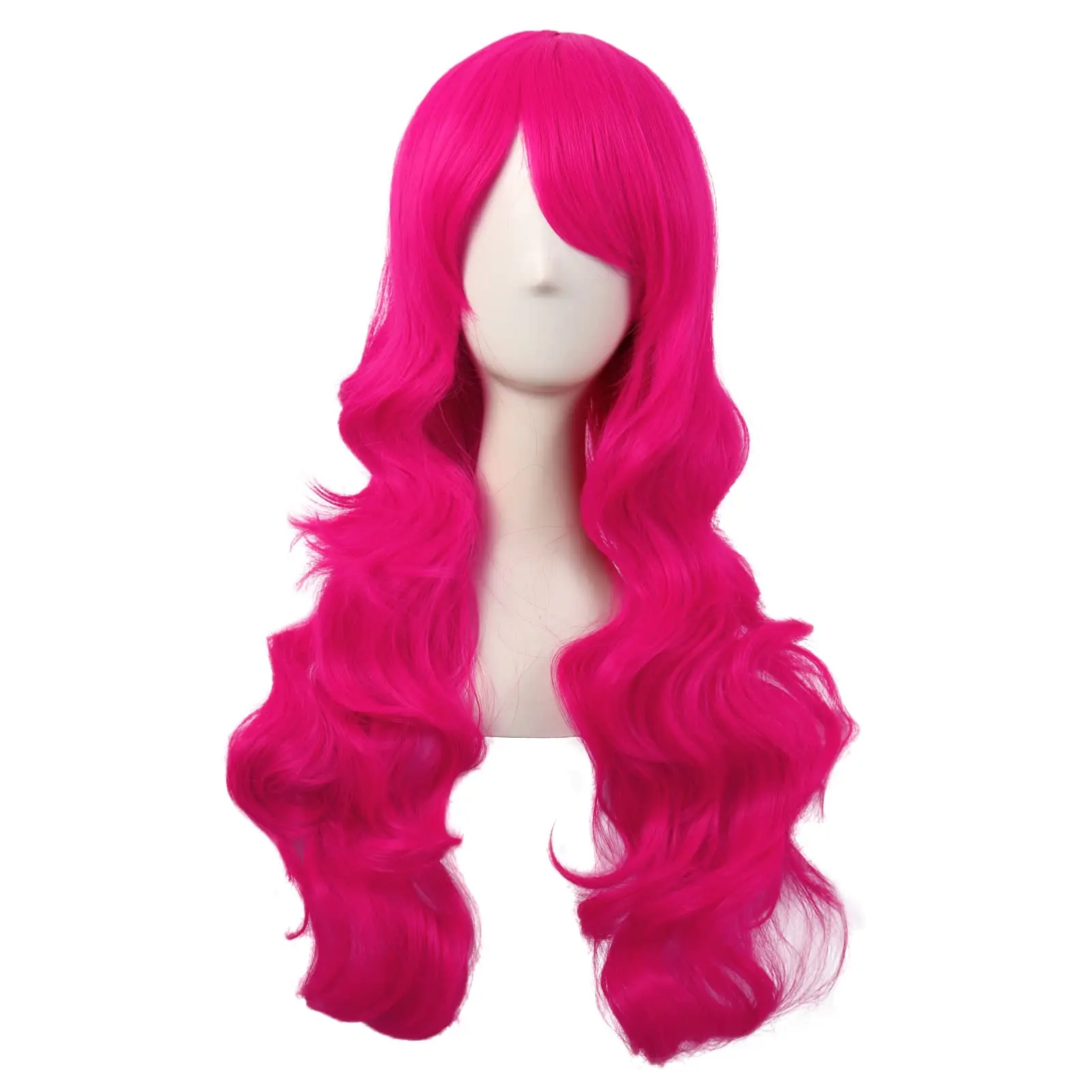 Women's Synthetic Curly Wavy Hot Pink Wig - 21~22 Inch (53~56 cm), High Temp Fiber, Thermostat Stable, Long Curly Bangs, Full Curls, Adjustable Cap, Hair Replacement, Non-Dyeable