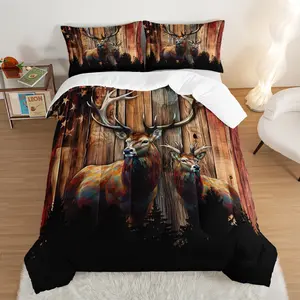 Forest Deer Bedding Flag Comforter Set,Hunting Themed Comforter Sets Queen Size for Kids Boys Men Room,Retro Rustic Bedding Comforter Sets with 2 Pillowcases.