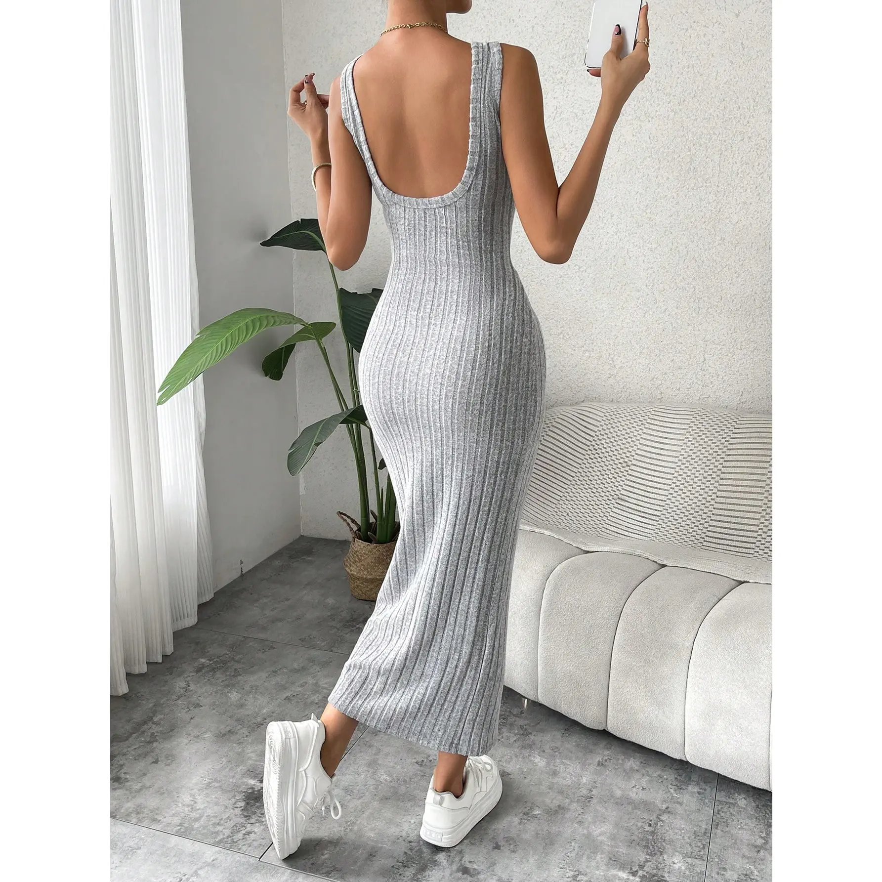 Breezaya Solid Ribbed Knit Tank Dress Maxi Vacation Beach Outfits Women SHEIN