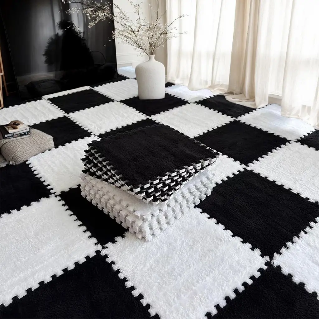 12pcs Carpet Squares Puzzle Floor Mat, Plush Interlocking Carpet Tiles, Interlocking Mats, Anti Slip EVA Foam Jigsaw Floor Tiles, Build A Safe Area for Bedroom Playroom, Diy Puzzle Rugs