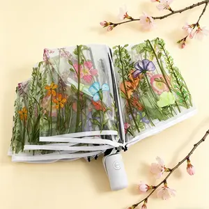 Transparent Umbrella Straight Pole Automatic Umbrella, Lightweight Folding Umbrella, Three-Fold Small Clear Umbrella, High Aesthetic Value, Floral Plants And Flowers