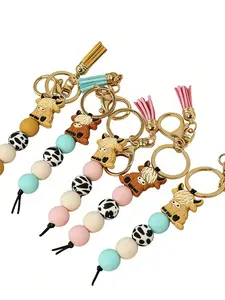 Highland Cow Beaded Keychain, Cute Animal Key Ring, Tassel Bag Charm, Colorful Bead Key Chain, Windmill Key Holder