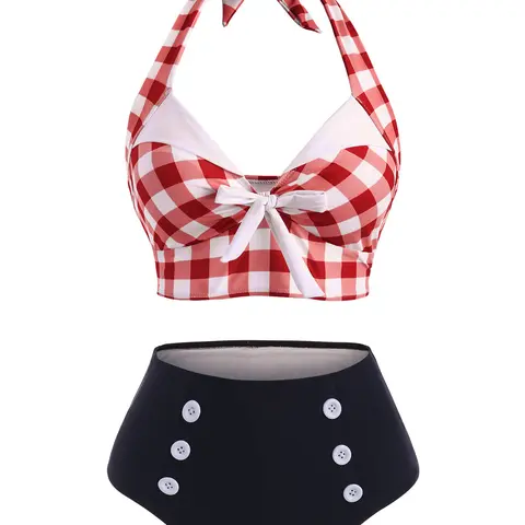 Women's Tummy Control Tankini Set Swimwear Vintage Plaid Print Swimsuit Corset Style Mock Button Summer Beach Bathing Suit