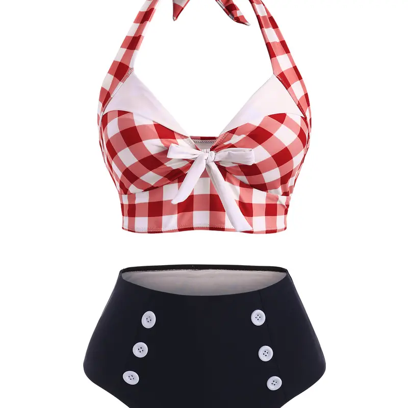 Women's Tummy Control Tankini Set Swimwear Vintage Plaid Print Swimsuit Corset Style Mock Button Summer Beach Bathing Suit