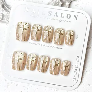 Luxury Nail Freedom! Champagne Gold Cat Eye Exquisite Hand-Painted Cross Press On Fake Nails, Get Baddie Nails In 5 Mins, No Salon Needed