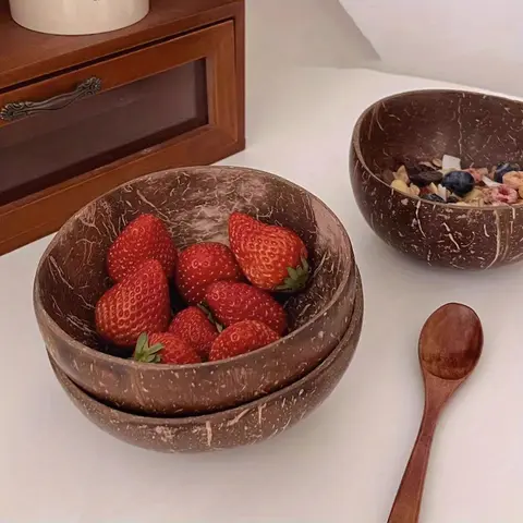 2 Coconut Bowls + 2 Coconut Wood Spoons，Coconut Bowl Set, Natural Coconut Bowl, Dessert Bowl, Light Grain Fat Reduction Bowl, Suitable for Cereal, Salad, Breakfast, Fruit, Yogurt, Dessert Wooden Bowl, Creative Milk Bowl