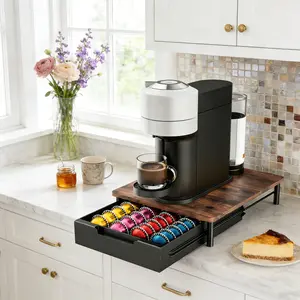 EVERIE Rustic Brown Slide Out Wooden Coffee Pod Organizer Drawer Holder Compatible With Nespresso Vertuo Capsules 40 7.77 floz/52 1.35floz for Kitchen Countertop & Coffee Bar