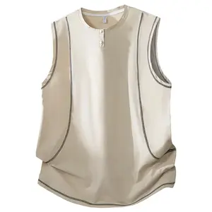 Color-block fashion Henley-style half-button snap top with round neck, sleeveless tank T-shirt; men’s summer ice silk quick-dry stylish casual sports versatile vest top; unisex design for outdoor cycling, fitness, everyday wear, vacations; #SummerWins