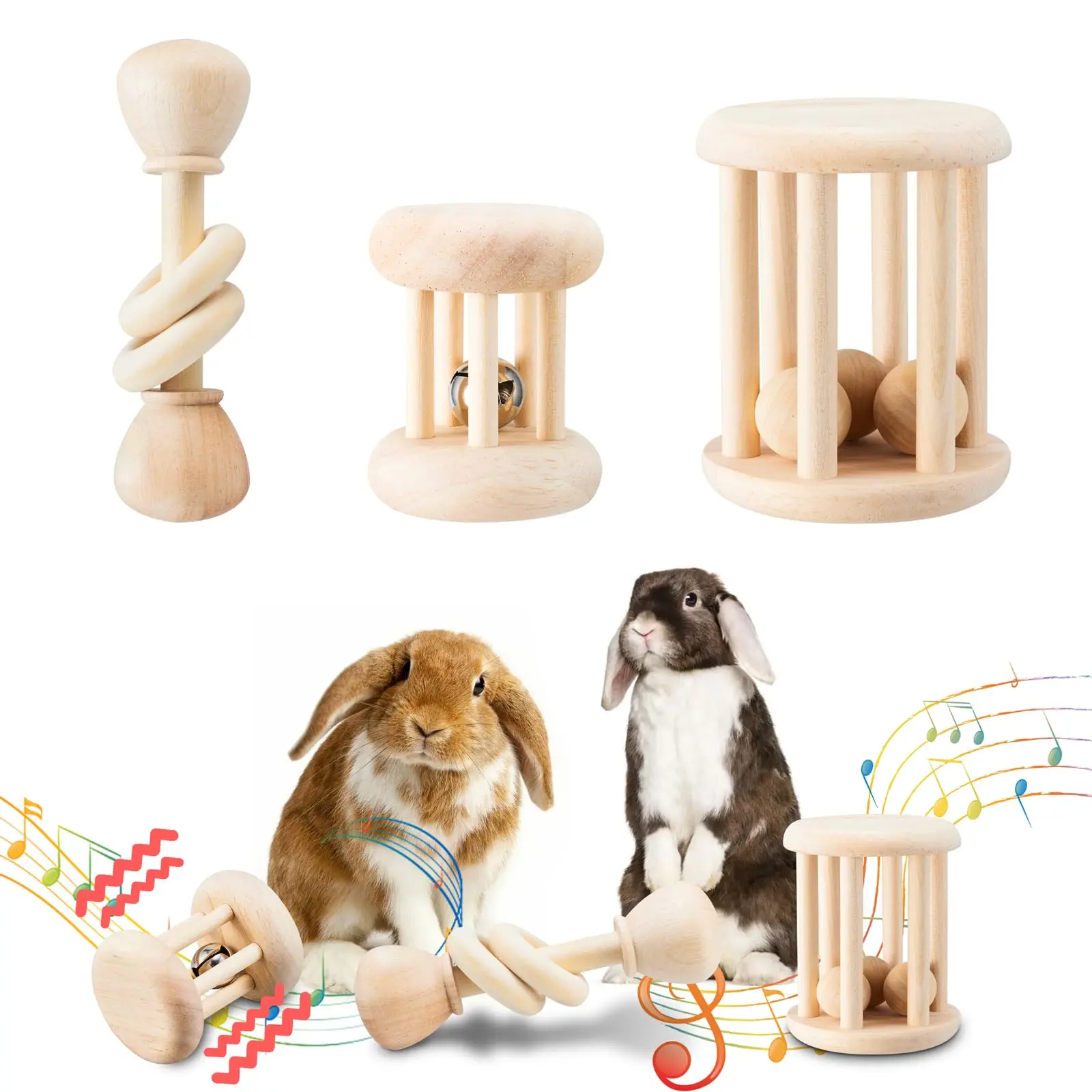 3 Pcs Polished Wood Bunny-Shaped Multi-Size Durable Chew Toys for Small Animals - Waterproof, Stain-Proof, Safe Teeth Grinding for Rabbits, Guinea Pigs, Hamsters - Indoor & Outdoor Use
