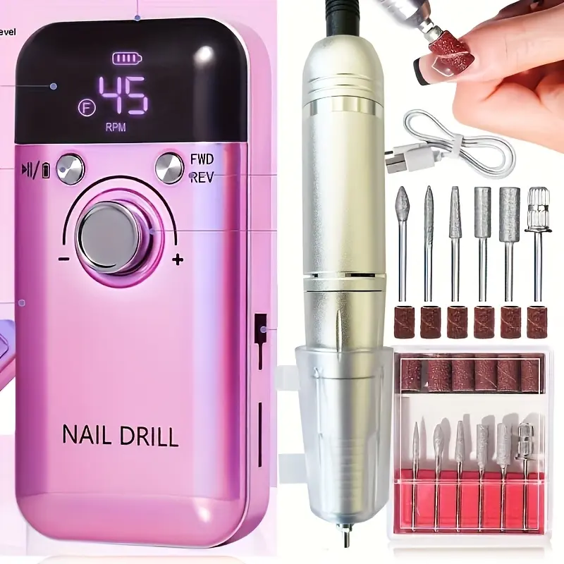 Unisex Rechargeable Professional Electric Nail Drill Set - 45000RPM, USB Interface, Portable, Low-Noise, with File & Gel Polish Sander for Manicure, DIY Pedicure, Nail Care