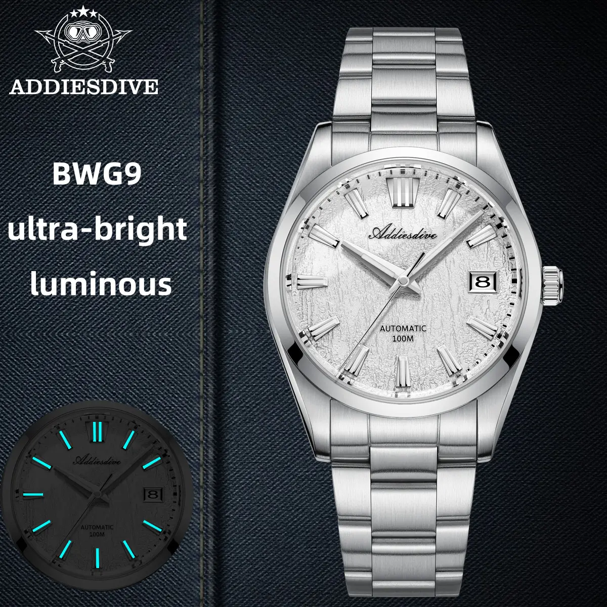 ADDIESDIVE Automatic Watches for Men Business Dress Watch -  39mm Sapphire Crystal Texture Dial With Calandar 100m Waterproof Luminous AD2075