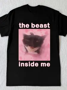 Men's Contrast-Moe "the beast inside me" Funny Cat Short-Sleeve T-Shirt Pink-Black Contrast + Heart Background Pattern Design Comfortable Loose Fit Balancing Fun Atmosphere & Daily Adaptability Stylish Top Suitable for Casual Outings, Trendy Outfits & Mul