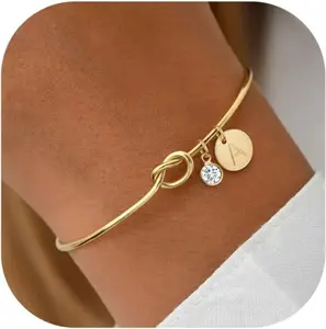 14K Gold Color Love Knot Birthstone Initial Cuff Bracelet – Adjustable Bangle for Women