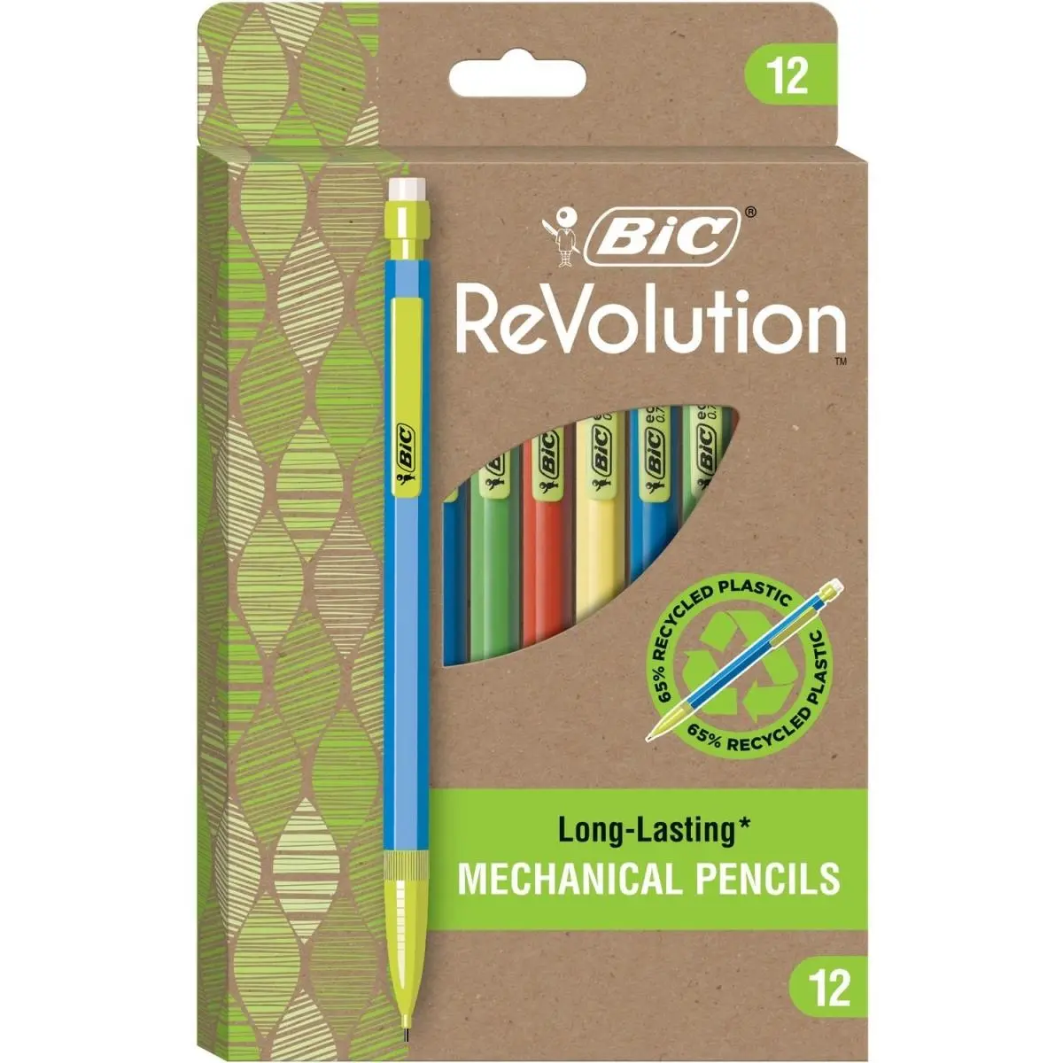BIC Revolution Mechanical Pencils Set, 12-Pack Writing Stationery, 0.7 mm Lead, Assorted Colors, Built-In Eraser, Colored Pocket Clip, Office Tools
