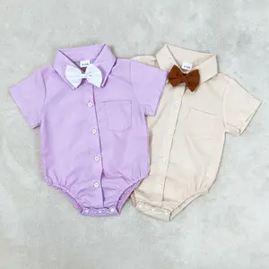 Ready Stock 0-24M Baby Boys Short Sleeve Solid Color Button Down Bow Tie Pocket Bodysuit Gentleman Clothes 122303002-2
