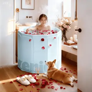 1 Piece Round Bathtub, Multiple Styles Available, Portable Foldable Bathtub for Adults, Thickened Constant Temperature Foldable Bath Tub, Household Foldable Soaking Tub, Deep Soak Tub, 4-Season Dual-Use Hot & Cold Water Bath Bucket, Ice Bath Dual-Use