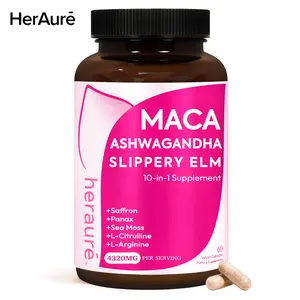 HerAuré Maca & Ashwagandha 10-in-1 Formula  – Slippery Elm, Saffron & Sea Moss – Mental Energy,Digestion,Moodbooster, Moisture,Relaxation, Bliss,Healthcare,Fitness-30 Servings