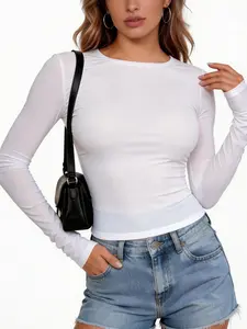 Women's Ultra-Thin Long Sleeve Fitted Top, Neckless Slim Fit Simple T-Shirt, Lightweight Outdoor Wear Spring Summer