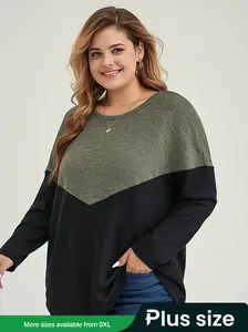 Plus Size Women's Fall Winter Colorblock Long Sleeve Round Neck Top, Casual Fashion, Comfortable Fit, Perfect for Daily Wear