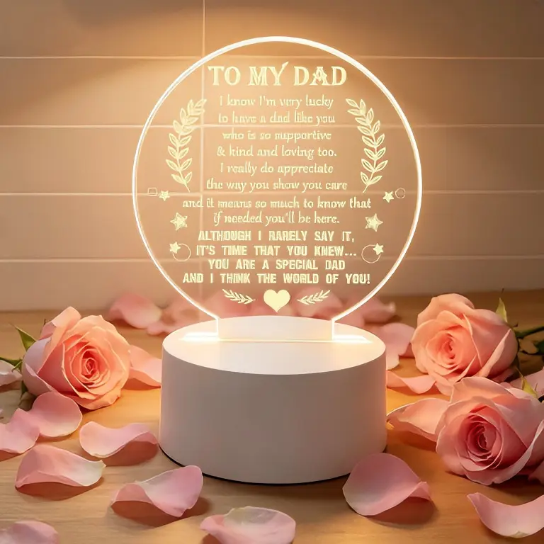 Round Acrylic LED Night Light with Acrylic Base - "To My Dad" Engraved, USB-Powered, Modern Circle-Shape Festive Decor Gift for Father, Father’s Day Birthday Present, Bedroom Desktop Ornament