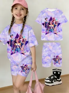 Girls' Summer Kpop Series T-Shirt Shorts Set, Tie-Dye Nova Beat Letter Design, Casual Streetwear, Outdoor Gift