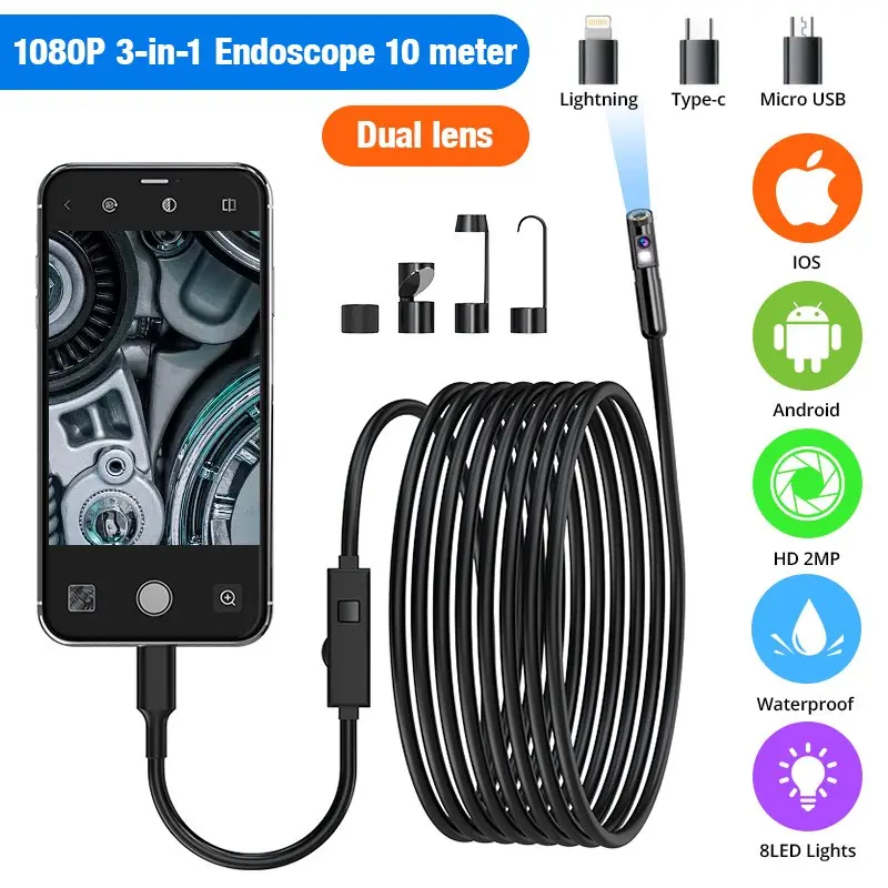 [Dual-Lens] Endoscope Camera with Light,1080P HD Borescope with 8+1 Adjustable LED Lights, IP67 Waterproof Endoscope with Semi-Rigid Snake Cable, Inspection Borescope for iOS and Android-16.4ft