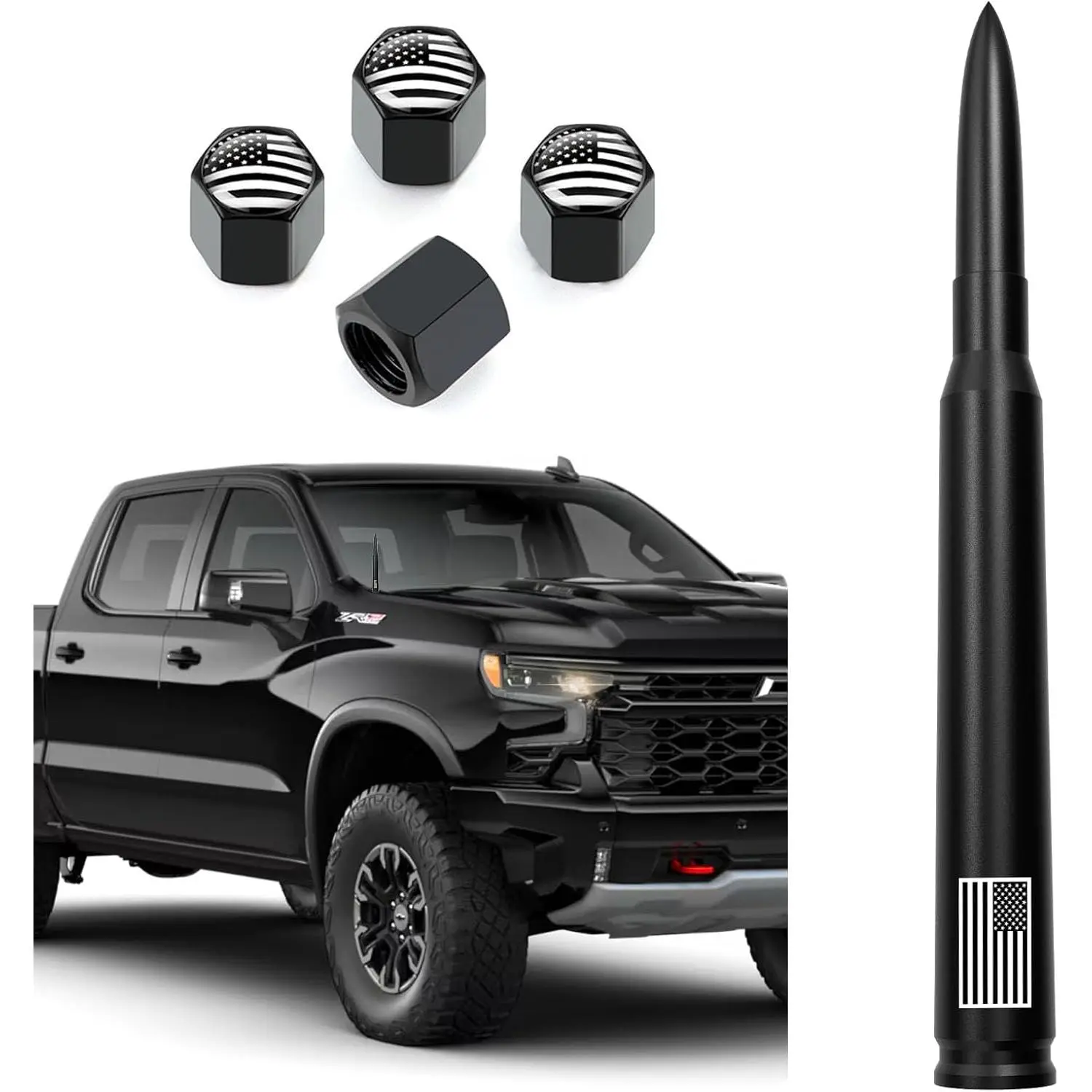 7" Matte Black Billet Aluminum Bullet Antenna with American Flag Tire Valve Caps - Anti-Theft, Car Wash Safe for GM Chevy Silverado GMC Sierra 1500 2500 3500 HD Avalanche Denali Exterior Accessories, Billet Aluminum Antenna, Bullet Shape