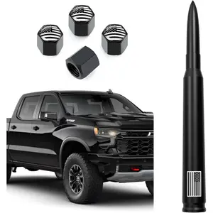 Car Truck Bullet Antenna with Tire Valve Caps American Flag 7" - Anti Theft Design, Carwash Safe for GM Chevy Silverado GMC Sierra 1500 2500 3500 HD Avalanche Denali Accessories, Matte Black