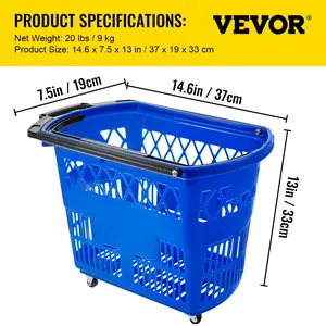 Shopping Basket with Handle on Castors- Blue Pack of 6 Organiser Plastic