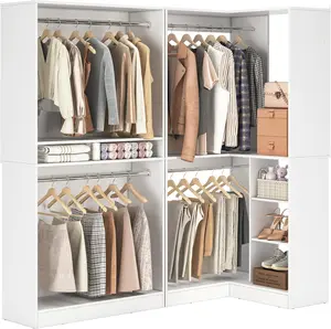 Unikito Corner Closet System, 72" L-Shaped Closet Organizer with 4 Hanging Rods, Heavy Duty Wood Garment Rack with Shelves, Freestanding Walk-in Closet Storage Tower for Bedroom