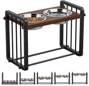 Elevated Dog Bowls for Large Dogs, 5 Heights Wood & Metal Raised Dog Bowl Stand, 44oz Stainless Steel Dog Food & Water Bowls, Dog Feeder Adjusts from 3.15" to 12.6" for All Sized Dogs and Pets