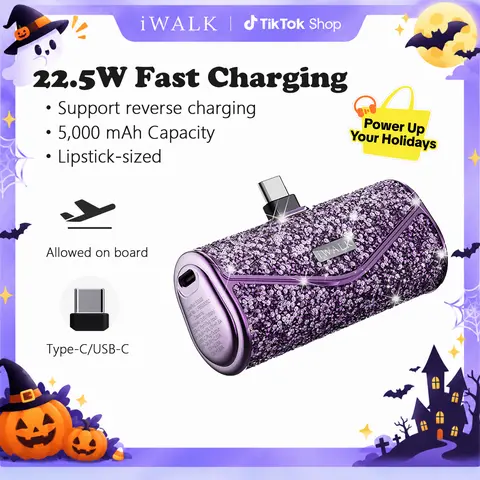 iWALK Sparkly Black Battery Power Bank - 22.5W Max 5000mAh Compact USB-C Cordless Fast Charger, Phone Accessories for Smartphone, USB-C Input, Compatible with iPhone 17/16/15, Ideal for Travel, School