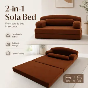2-in-1 Foldable Sofa Couch, Convertible Floor Lounger with Soft Boucle Fabric, High Density Sponge, Removable Cover, No Assembly Required, Brown