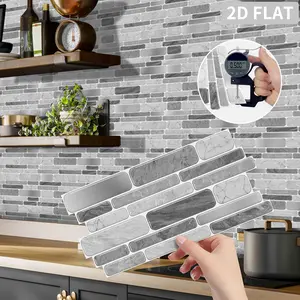12/24/48PCS XY-HTP Grey-White Marble Long Brick Peel and Stick Tile Stickers, PVC Crystal Film Waterproof Self-Adhesive Wall Decor for Kitchen & Bathroom