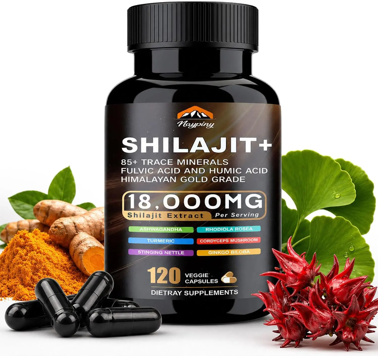 Himalayan Organic Shilajit Capsules for Men and Women Supplement with Ashwagandha Ginseng Fulvic Acid Trace Minerals High Potency Daily Herbal Supplement for Energy Stamina Immune Vitality Support 120 Capsules