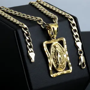 MaxBling81 Blessed Virgin Mary Guadalupe Holy Religious High-End Pendant with 14K Stamped 6mm 20"-24" Brass Cuban Chain, Hip Hop Style Daily Wear Fashion Costume Jewelry Necklace, Daily Wear Necklace