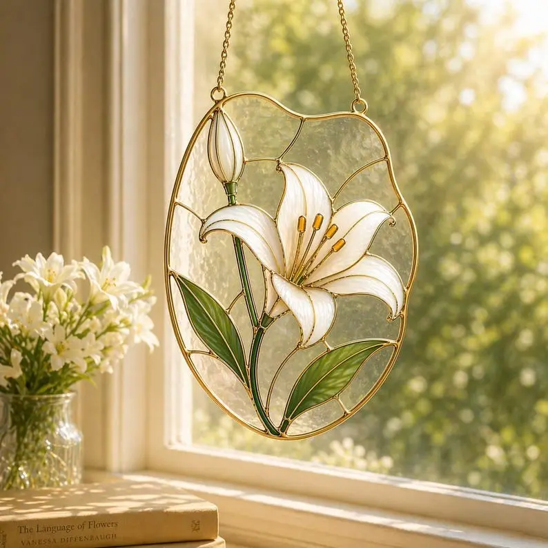 Lily Stained Glass Suncatcher, White Lily Window Hanging, Floral Glass Art Decor, Sun Catcher Gift for Mom, Mother’s Day Gift Idea